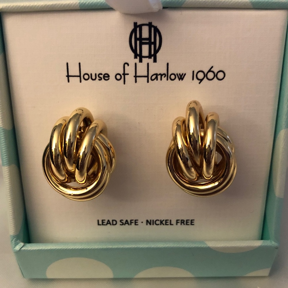 House of Harlow 1960 Polished Gold Tone Twisted Knot Stud Earrings NIB